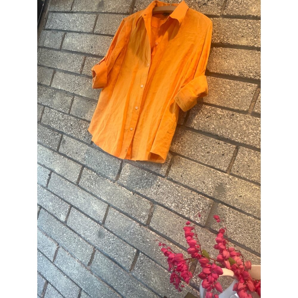 Lauren Ralph Lauren Petite Orange Button-Up Linen Shirt P/S Womens Casual Lightw